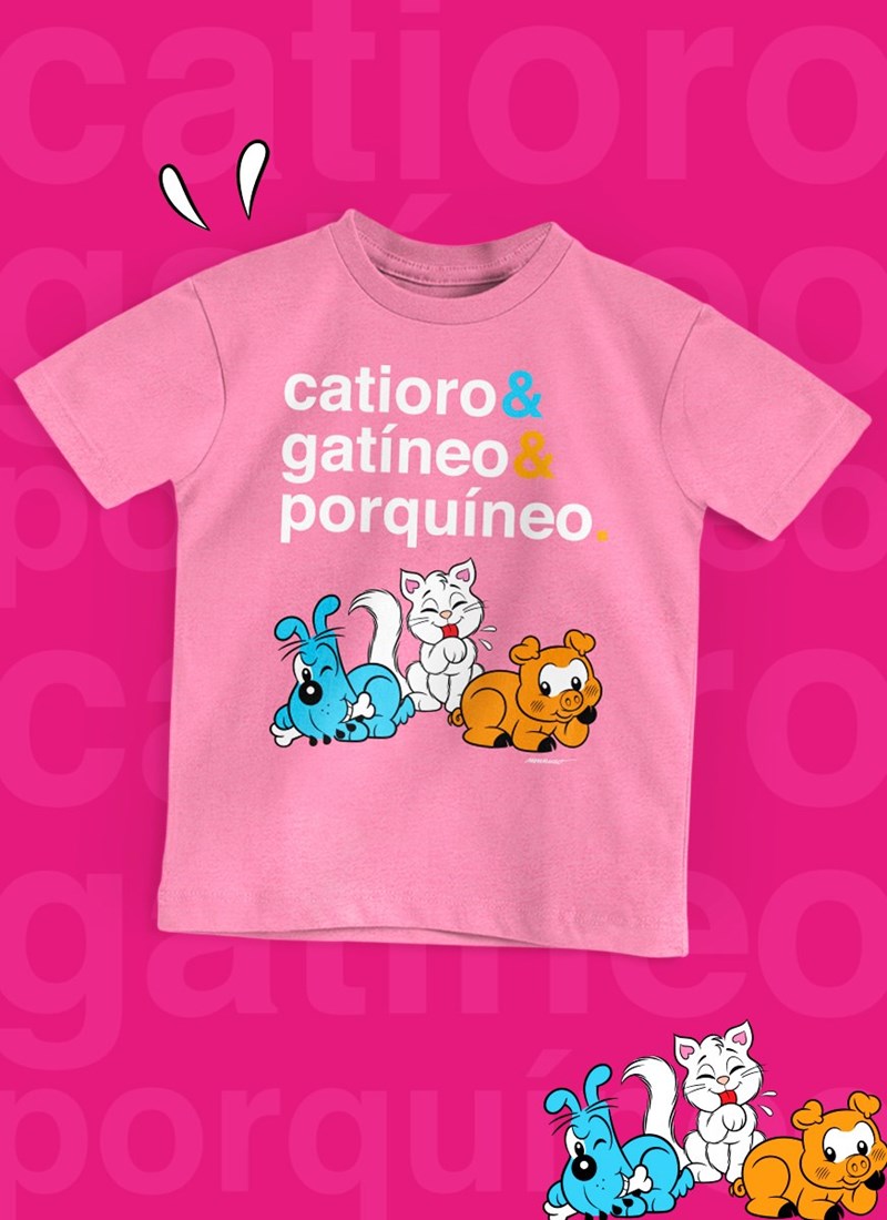 Camiseta Infantil Turma da Mônica Catíoro e Gatíneo e Porquíneo