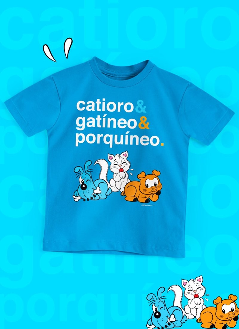 Camiseta Infantil Turma da Mônica Catíoro e Gatíneo e Porquíneo