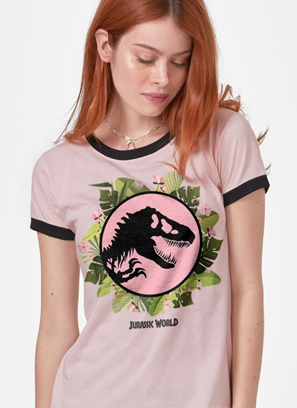 Camiseta Ringer Jurassic World Logo Floral